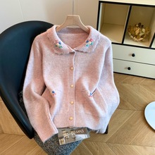 韩系香芋紫温柔风翻领刺绣针织开衫女长袖毛衣2025年秋冬新款潮