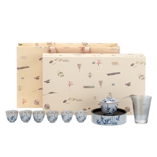 Retro Green Pure Hand-Painted Bamboo Tea Set Tea Set Home Modern Simple Ceramic Covered Bowl Tea Cup Tea Gift Box