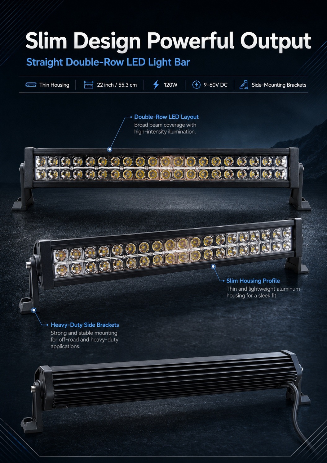 9-60V 120W ultra-thin double-row automotive LED strip light, off-road spotlight, for construction vehicles and trucks, model TH-DT0240Z