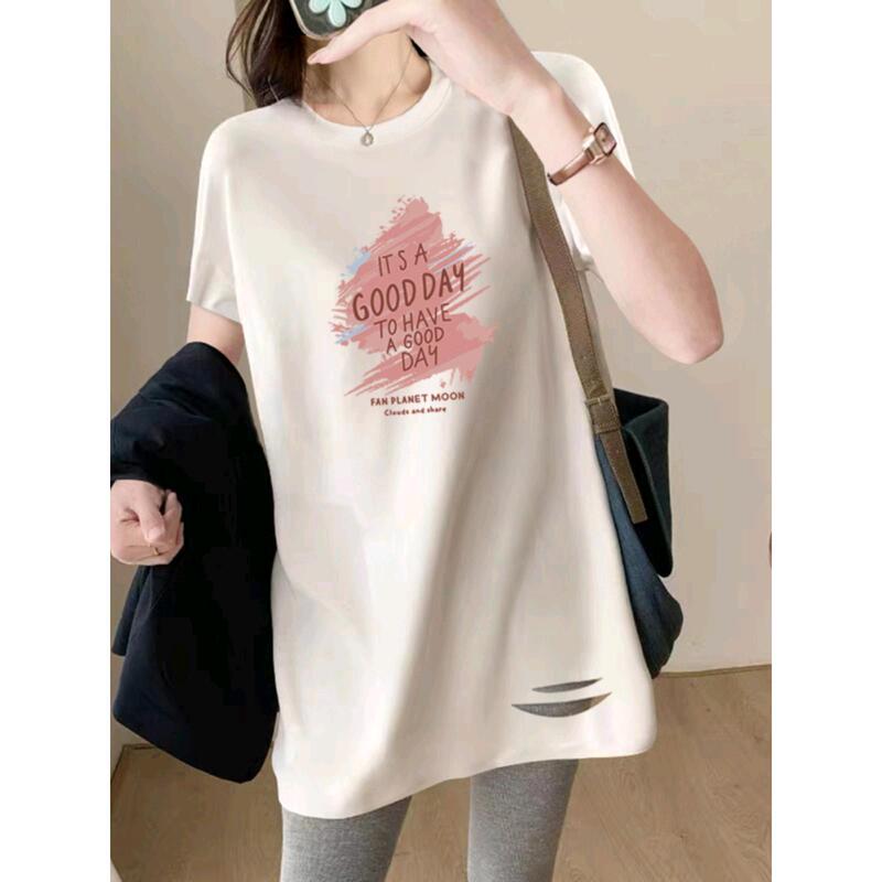 White Cotton Hole T-shirt Women's 2024 Summer New Short-sleeved Mid-length Loose Slim-fit Tops Trendy