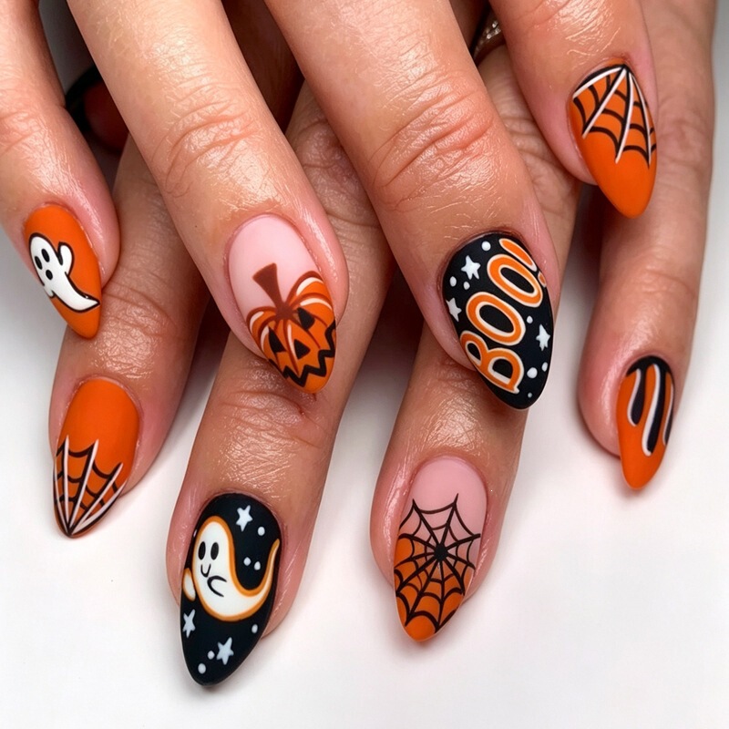 30 pieces of matte black and orange Halloween press-on nails with ghost and pumpkin designs, cross-border TK European and American finished fake nails, in stock for wholesale 30 pieces of matte black and orange Halloween press-on nails with ghost and pumpkin designs, cross-border TK European and American finished fake nails, in stock for wholesale