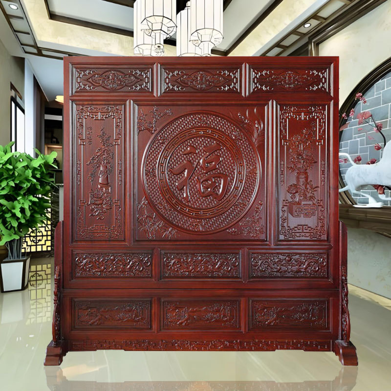 2025 Fuyao Furniture Ming and Qing Classical Solid Wood Screen Living Room Entrance Partition Foyer Chinese Style Double-Sided Carved Screen