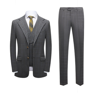 2021 New men's Suit Korean-style Slim-fit Grey Plaid Business Casual Three-piece men suits