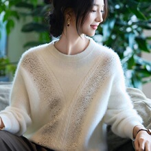 新款秋冬季女士圆领全羊毛加厚重工烫钻长袖纯色宽松羊毛衫简约