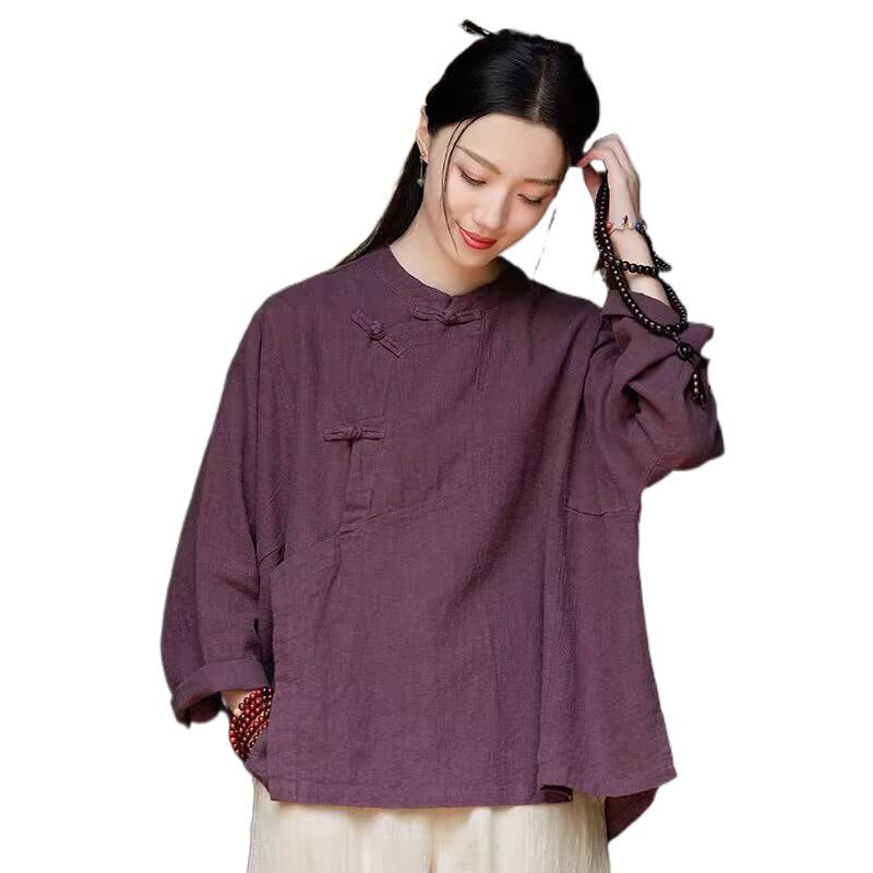 禅服女禅意春秋季新款棉麻上衣宽松长袖衬衫复古盘扣立领斜襟禅修|undefined