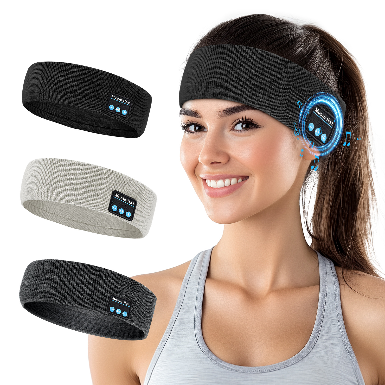 Diadema Bluetooth inalámbrica superventas transfronteriza para fitness al aire libre, auriculares absorbentes de sudor para música y llamadas, diadema Bluetooth tejida para exteriores.