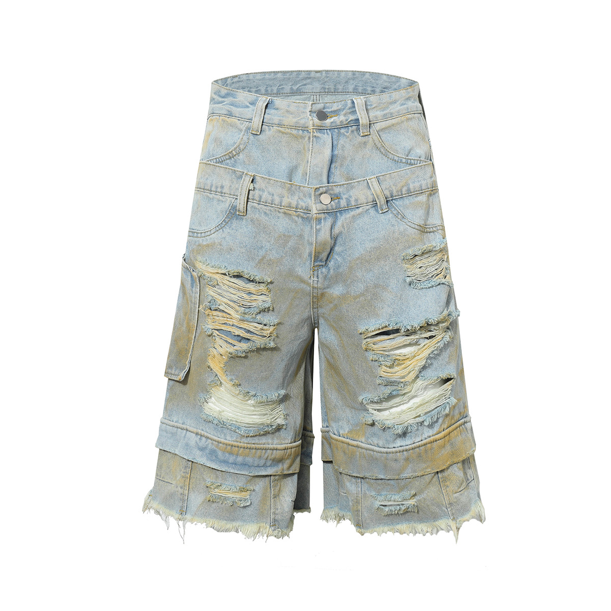 Jiayiku Trendy Brand 2025 High Street American Style RO Style Shorts Washed Ripped Jeans Straight-Leg Personalized Pants