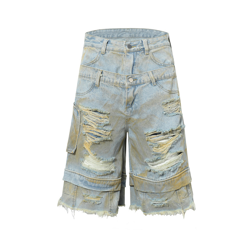 Jiayiku Trendy Brand 2025 High Street American Style RO Style Shorts Washed Ripped Jeans Straight-Leg Personalized Pants
