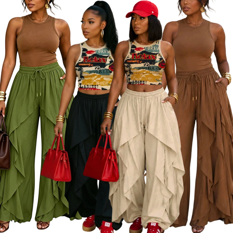 S391691 European and American INS style irregular layered ruffle casual pants for women, high-waisted drawstring jogger sweatpants S391691 European and American INS style irregular layered ruffle casual pants for women, high-waisted drawstring jogger sweatpants