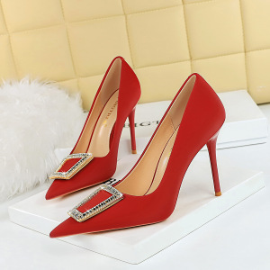 3265-K8 Korean Fashion Banquet High Heel Shoes Thin Heel Shallow Mouth Pointed Metal Buckle Water Diamond Buckle High He