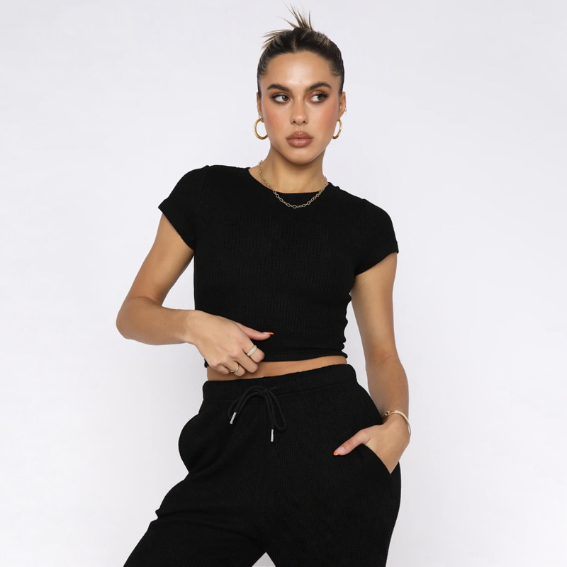 Spring Summer Solid Color Waffle round Neck Short Sleeve Women Clothing Casual Trousers Sets