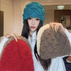 韩系手工钩花镂空马海毛针织毛线帽子女秋冬季保暖百搭包头帽冷帽