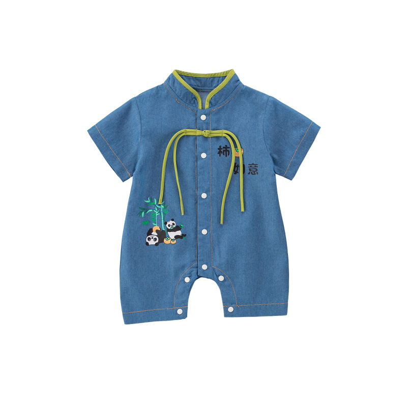 소년 소녀를위한  여름 새로운 부드러운 데님 세트 귀여운 인쇄 얇은 편안한 짧은 소매 등반 세트