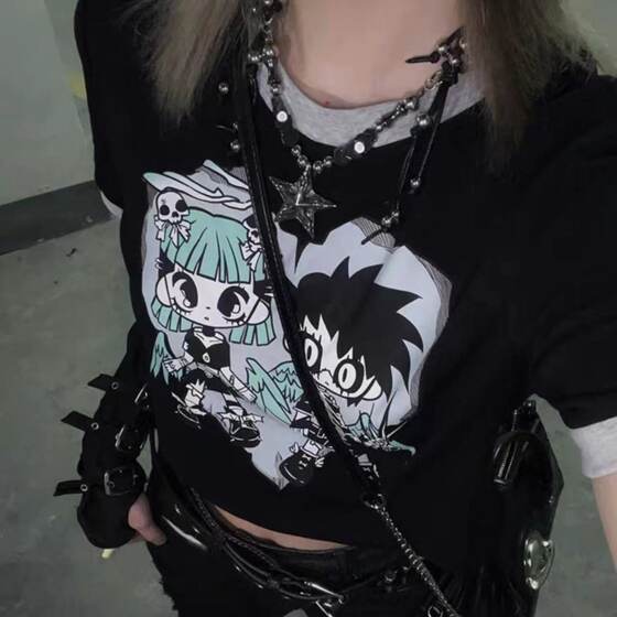 Second-dimensional Sweet Cool Asian Culture T-shirt Women's Summer New Stitching Short-sleeved Street Hot Girl Short Top Women's Ins Trendy