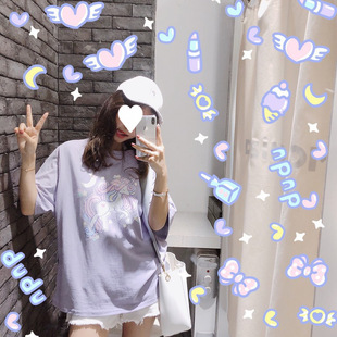 Cotton New Cross-border Korean Style Loose Slimming Short-sleeved Crewneck Shirt for Female Students Unicorn Printed Base Shirt for Summer