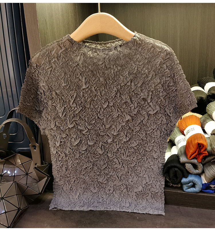 Áo thun ngắn tay nữ cổ tròn xếp li dập nổi kim cương, chất liệu cotton phối polyester, form suông thoải mái, phù hợp đi làm và dạo phố mùa hè — Màu hồng, Màu xanh lá, Màu mơ chi tiết 26