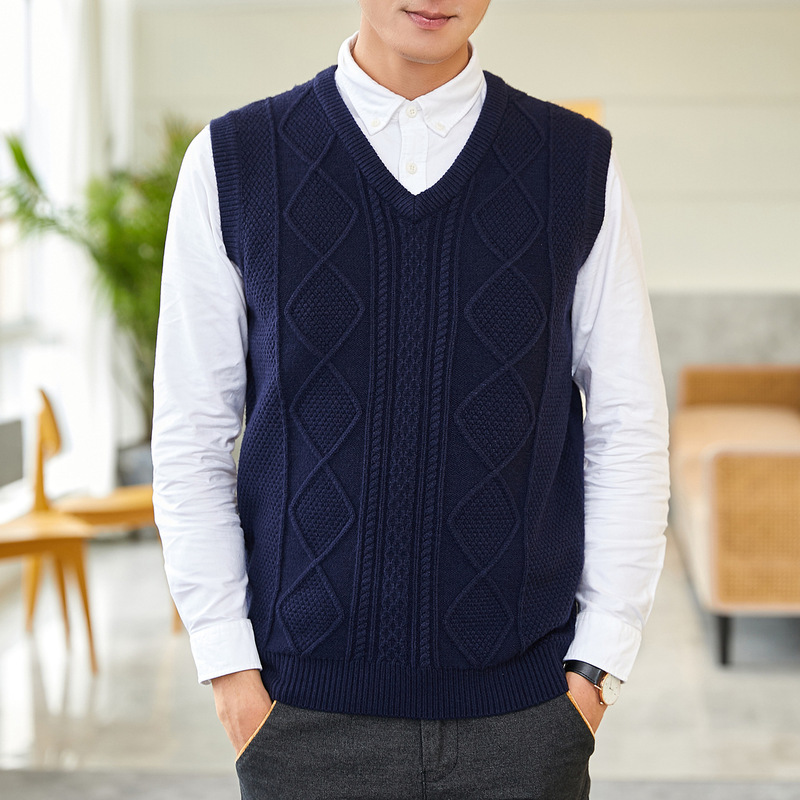 Vintage Diamond Knitted Vest Men's Sweater Vest Thickened Warm V-neck Sweater Waistcoat Sleeveless Sweater