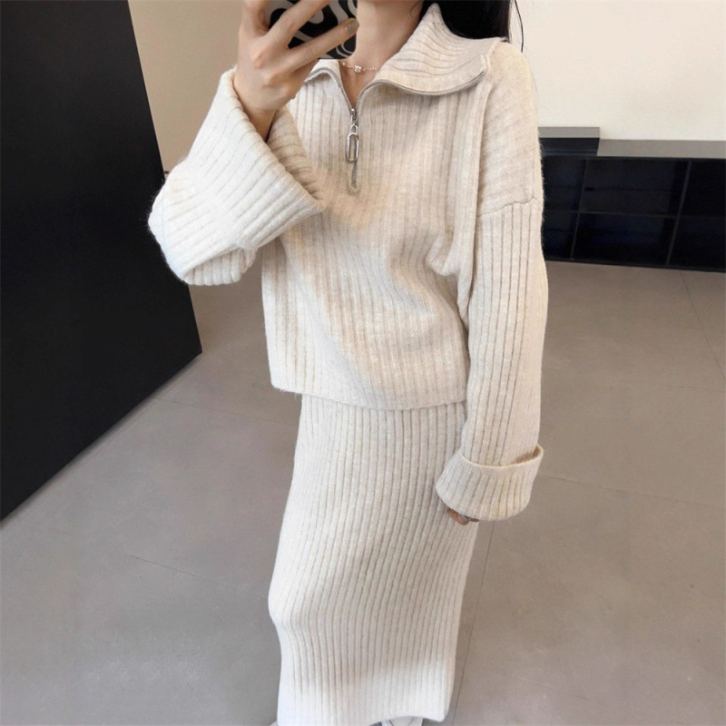 慵懒风半拉链翻领毛衣套装女秋冬季韩版宽松休闲针织半身裙两件套|undefined