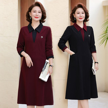 妈妈POLO领春秋新款连衣裙长袖2025年新款时尚休闲过膝显瘦裙子女