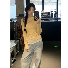 莫代爾人棉蕾絲拼接設計感一字斜肩長袖T恤女辣妹風收腰褶皺上衣