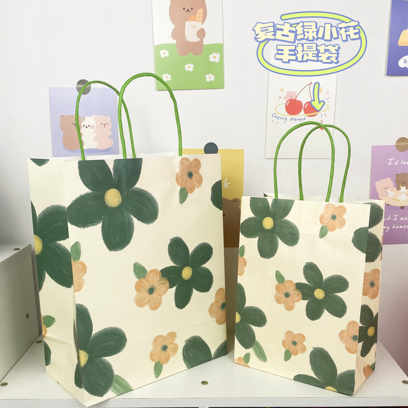 The Same Style as on Xiaohongshu, Retro Green Large Floral Minimalist Kraft Paper Bag, High Aesthetic Value, Preferred Gift Storage Bag The Same Style as on Xiaohongshu, Retro Green Large Floral Minimalist Kraft Paper Bag, High Aesthetic Value, Preferred Gift Storage Bag