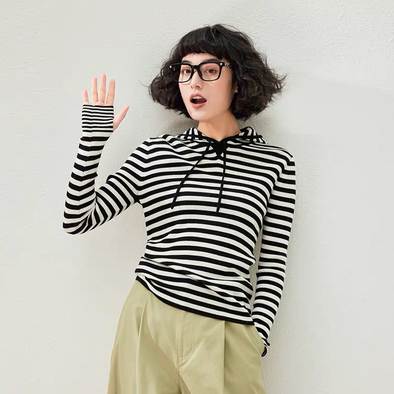 Paper People Striped Hoodie Delicate Warm Merino All Wool Knitwear Women's Lightweight Slim Hooded Top