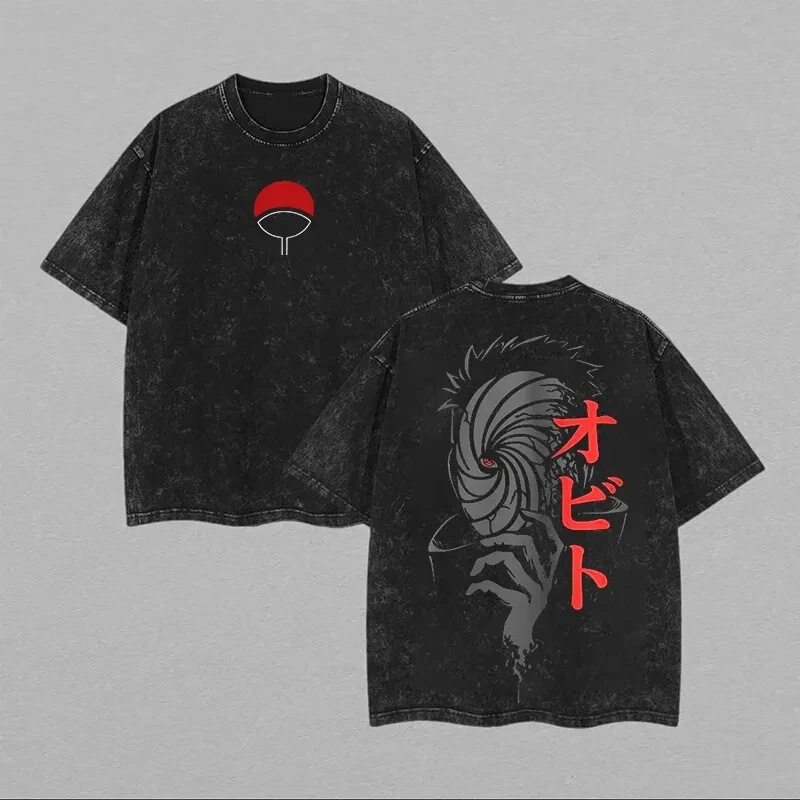 Naruto Obito Uchiha T-Shirt Mask Retro Acid-Washed Streetwear Oversized Vintage Anime Graphic Men's