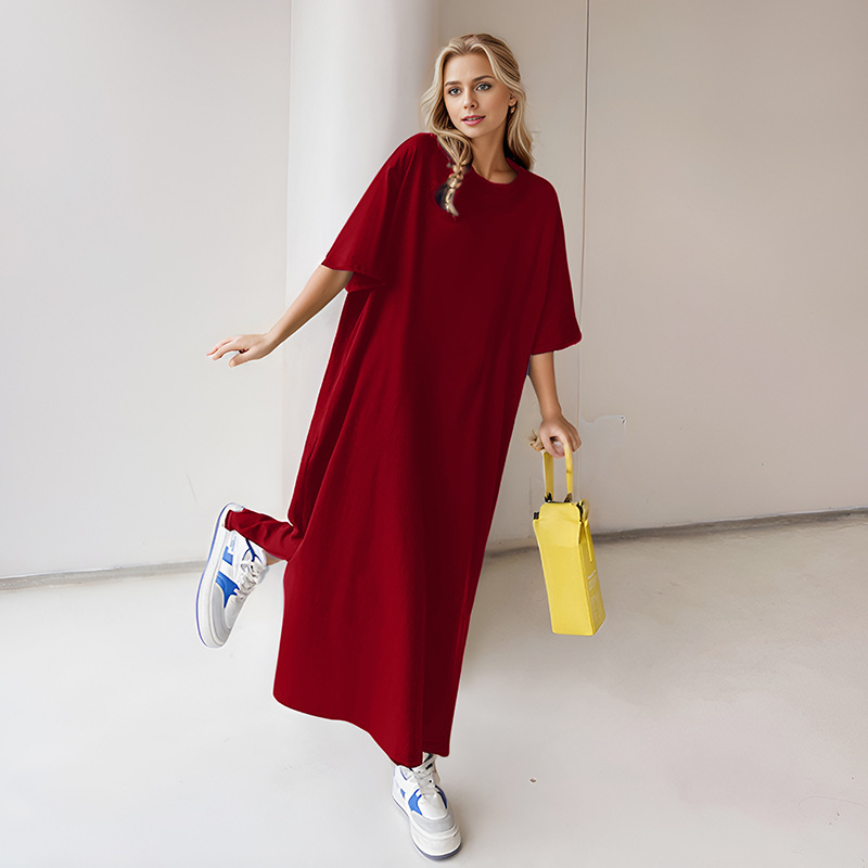 Plus-Size Short-Sleeve Casual Dress for Women, Summer New European and American Style, Loose Solid Color Mid-Length Over-The-Knee Slit T-Shirt Dress Plus-Size Short-Sleeve Casual Dress for Women, Summer New European and American Style, Loose Solid Color Mid-Length Over-The-Knee Slit T-Shirt Dress