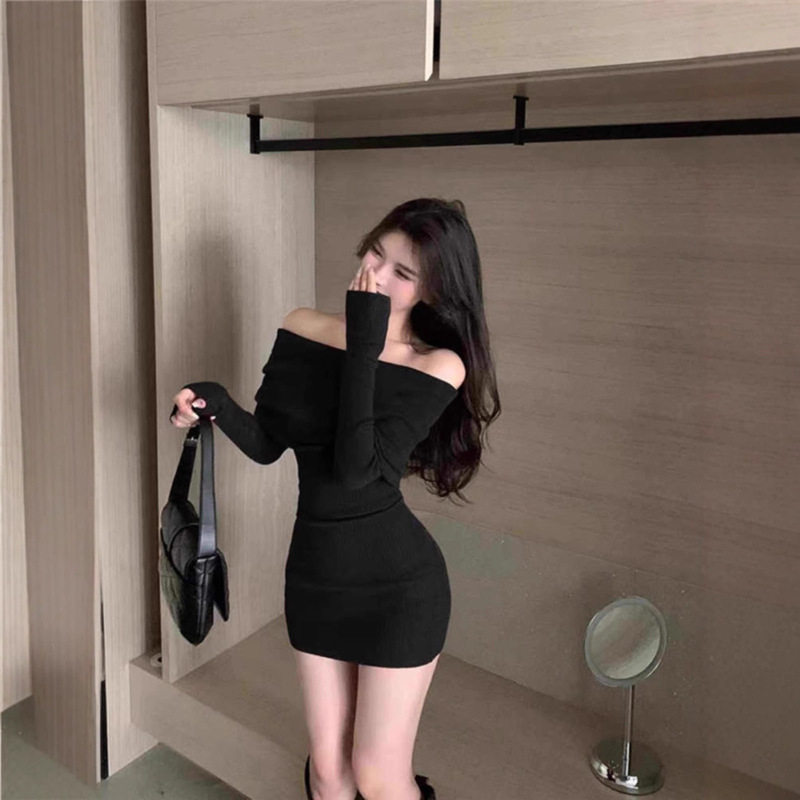 法式感辣妹一字肩连衣裙女秋冬季新款紧身显瘦内搭包臀短裙子纯欲|undefined