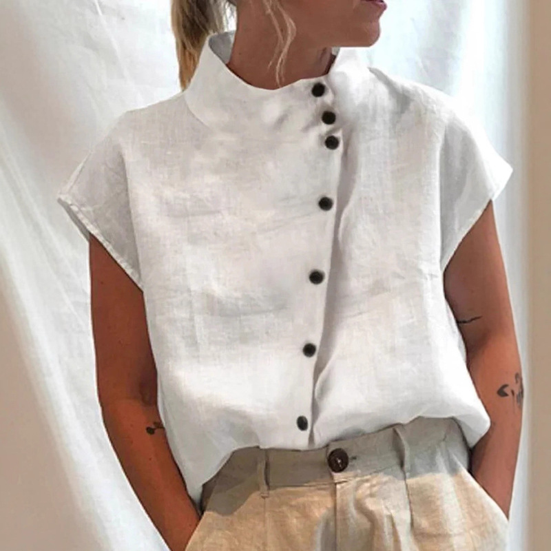 Amazon Independent Station New Button Cotton and Linen Stand Collar Casual Shirt Women's Plaid Short Sleeve Shirt Ready in Stock