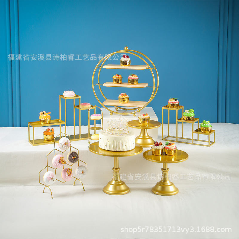 Boda europea creativa hierro forjado refrigerio estante buffet comida fría mesa de té descanso mesa de postres dorados exhibición estante de pastel