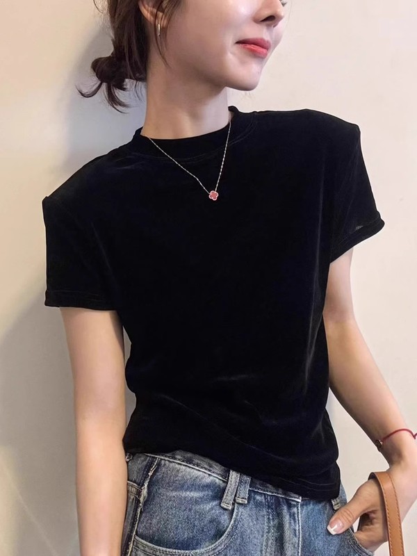 金丝绒正肩短袖T恤女2025早秋新款欧货女装修身内搭打底小衫上衣|undefined