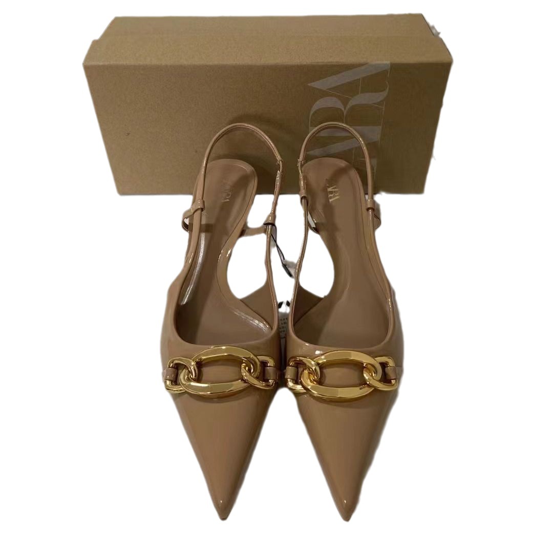 Za's new pointed metal buckle shallow back strap high heels slim heels fashion sandals for women