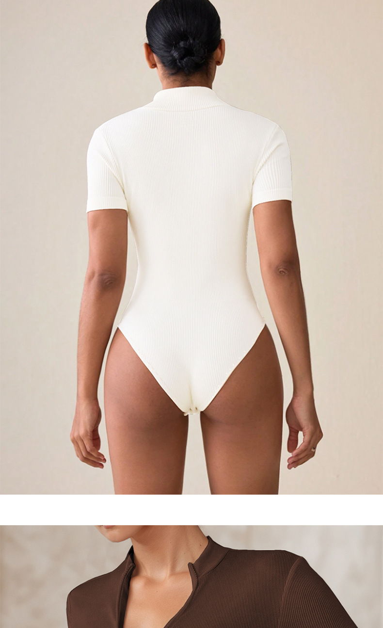 Summer Sports Ribbed Short-sleeve Zippered Jumpsuit Women, Suitable For Layering Or Outerwear,_ecoleips.com