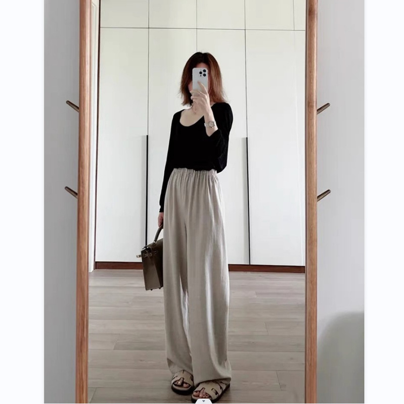 In-Stock Spanish Niche Spring and Autumn Wool High-Waisted Elastic Straight Wide-Leg Casual Pants for Women