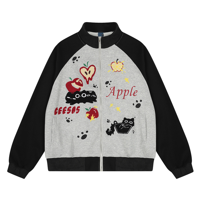 Men's Clothing Apple Cat Embroidered Stand-Up Collar Cardigan Jacket for Women 2025 Loose Ins Trendy Lazy Thin Early Autumn