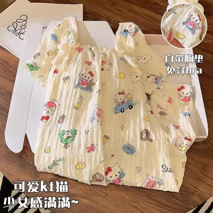 2025 verano pijama de mangas cortas mujeres cojín de pecho nubes pijama de algodón dibujos animados pequeños vestidos de chicas frescas ropa para el hogar