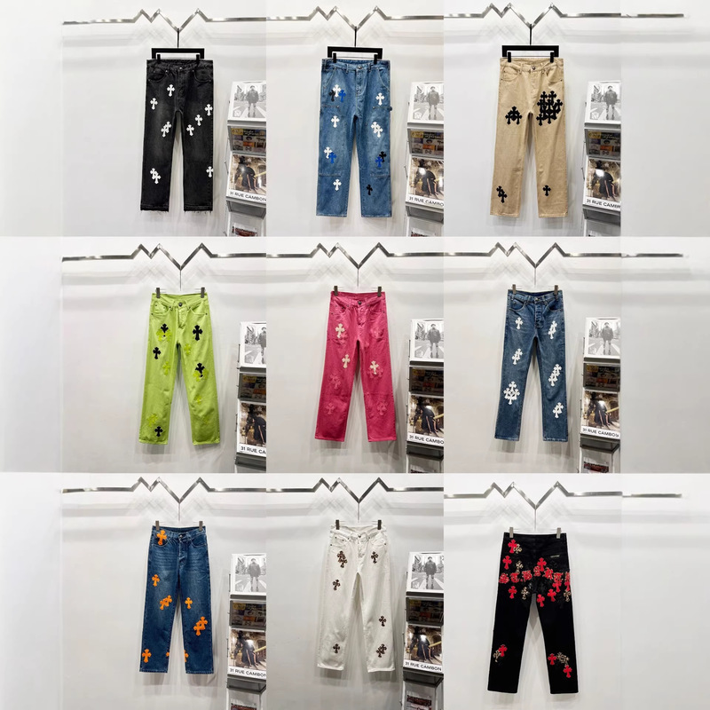 New Popular Foreign Trade Item: Ch Chrome Hearts Cross Patch Embroidery Washed Jeans, Loose Fit Couple Jeans Wholesale
