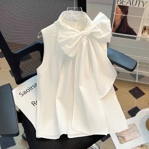 French Rich Family Girl White Bow Sleeveless Shirt Women's High-end Design Sense Loose Belly Covering Vest Top for Summer