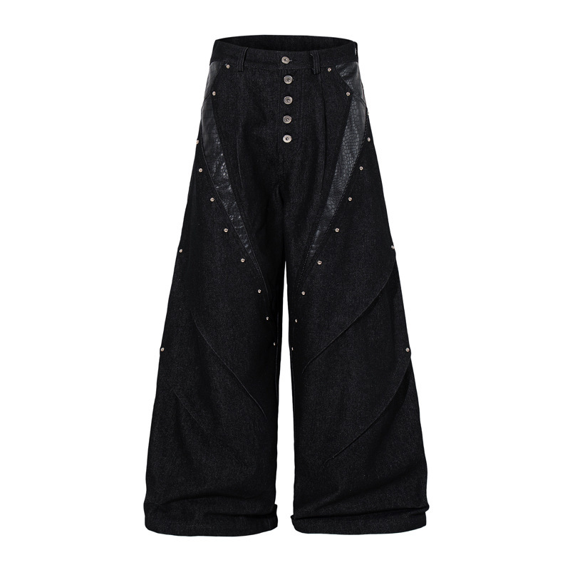 American Retro Metal Punk Crocodile Pattern Pu Leather Patchwork Jeans for Men, Niche Trendy Brand Wide-Leg Floor-Length Casual Pants American Retro Metal Punk Crocodile Pattern Pu Leather Patchwork Jeans for Men, Niche Trendy Brand Wide-Leg Floor-Length Casual Pants