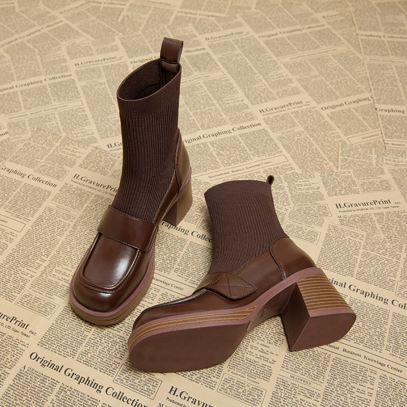 Женские короткие ботинки на толстом каблуке Shi Guanqiao 7120-11, осенние ботинки-носки, новые осенне-зимние лоферы-носки 2025 года.