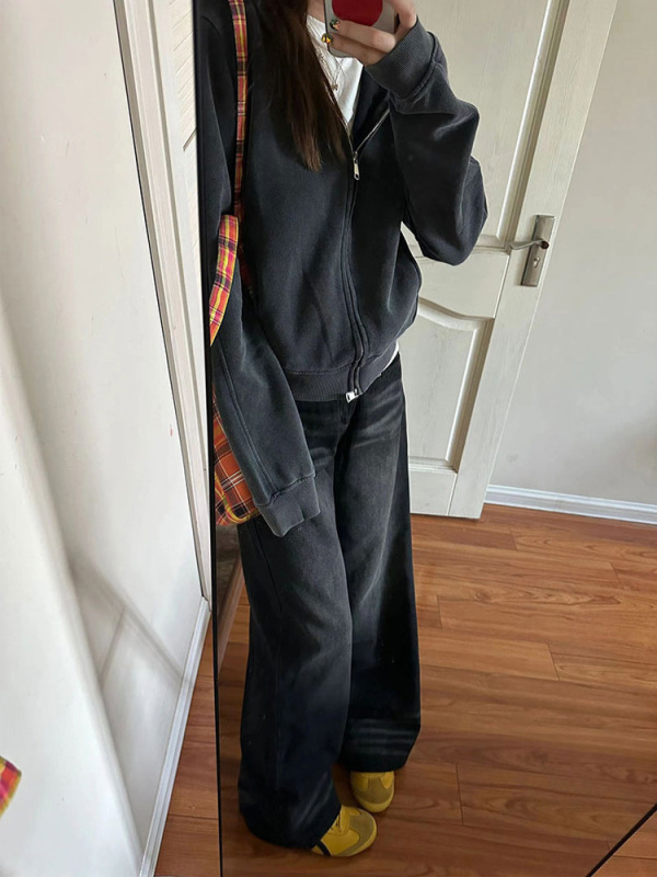 美式复古短款卫衣女春秋款2025新款秋加厚慵懒风开衫外套潮|undefined