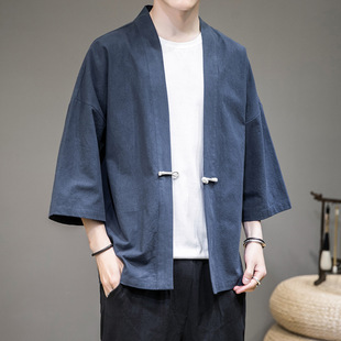 Summer New Chinese Style Men's Large Size Cotton and Linen Cardigan Hanfu Retro Solid Color Buttoned Linen Robe for Men