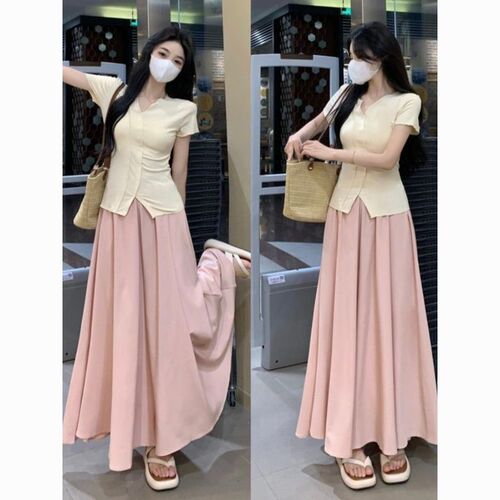 Covered-belly hide-flesh set for women, summer large size plus-size short-sleeve T-shirt top, high-waisted slimming wide-leg pants skirt two-piece set