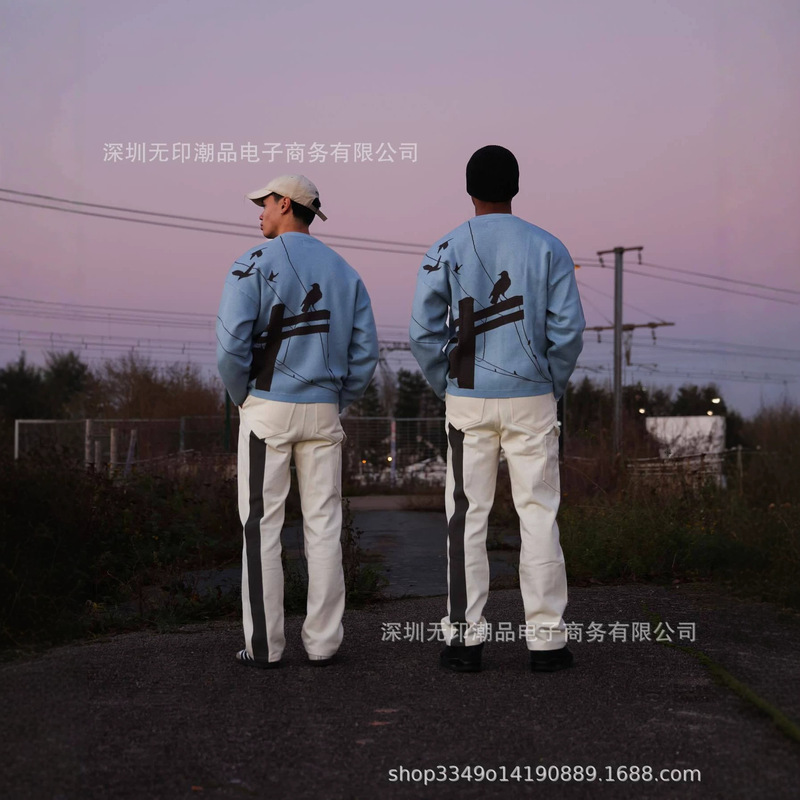 Winter simple street style crow and utility pole pattern knit sweater, unisex light blue drop shoulder round neck sweater