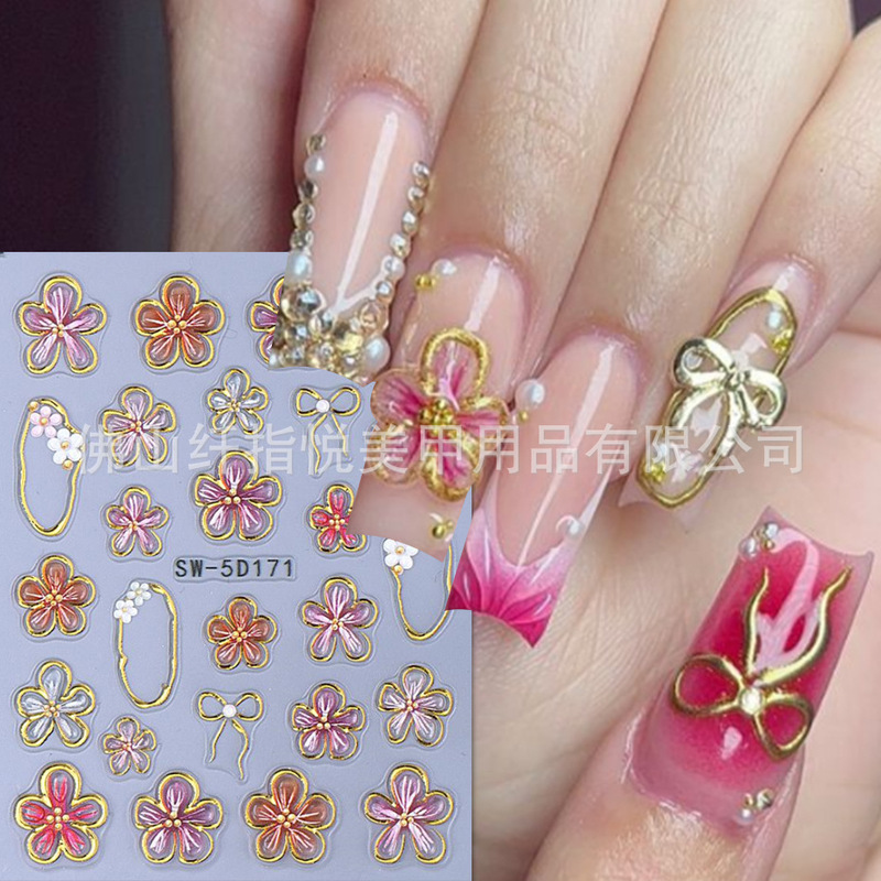 Cross-border new nail stickers wholesale 5D three-dimensional relief hibiscus bronzing five petal flower adhesive nail decals