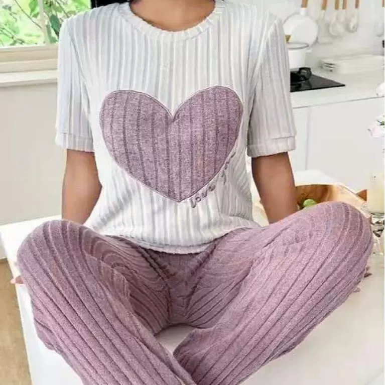 甜美爱心睡衣女套装秋季新款气质圆领短袖长裤两件套舒适家居服潮