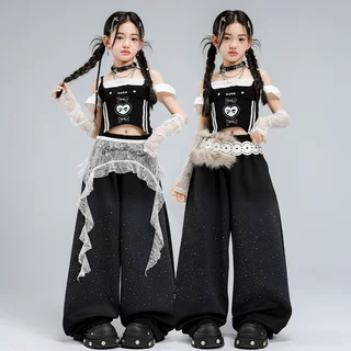 女童爵士舞服装模特走秀闪钻潮酷时髦套装露脐炸街女孩街舞表演服