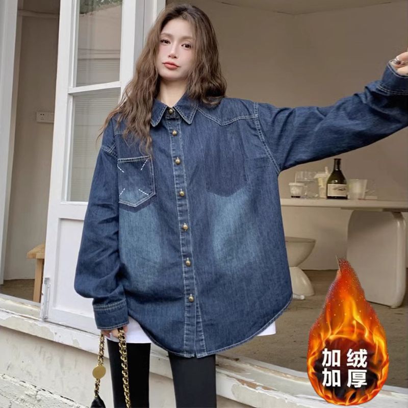 Plus Size Fat mm Retro Denim Shirt Women's 2025 Autumn and Winter Velvet Thickeneded Jacket Loose Top Long-Sleeved Shirt