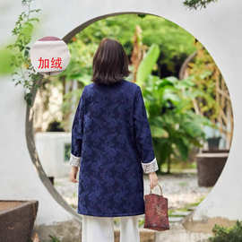 连衣裙中长款立领棉麻棉衣新款加厚提花保暖文艺宽松加绒上衣
